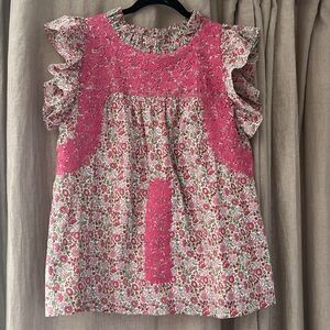 J. Marie Pink Floral The Meagan Ruffle Neck Top L
